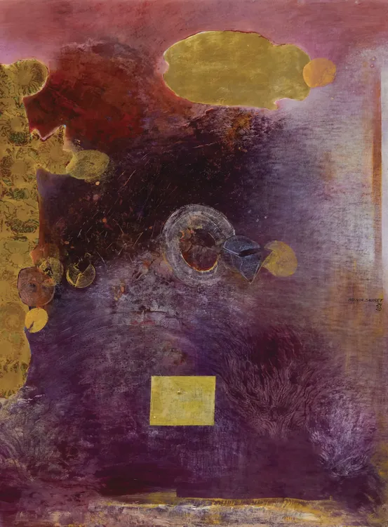 2024---Nunik-Sauret,-Cintilación-etérea,-acrílico,-hoja-de-oro-sobre-caoba,-190-x-140-cm